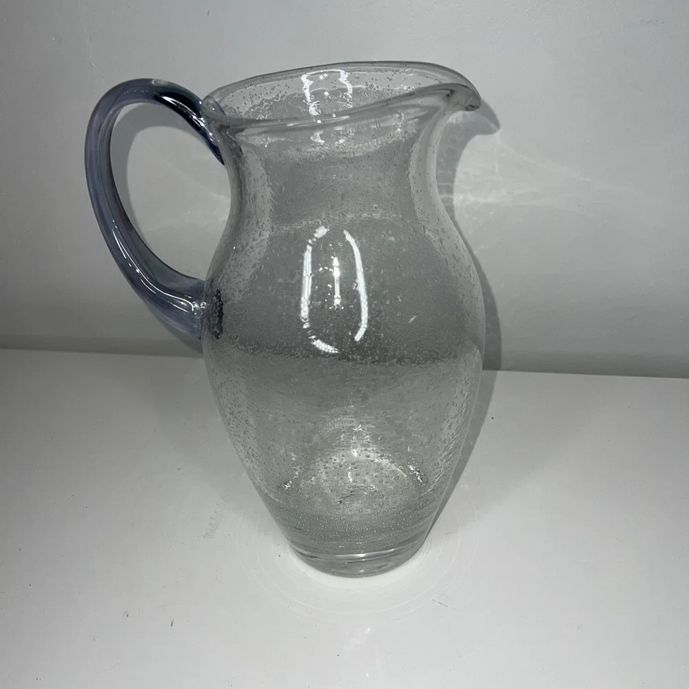 10/Vtg Pottery Barn Blown Bubble Glass Pitcher  Blue Stem Goblets Set of 4 HEAVY